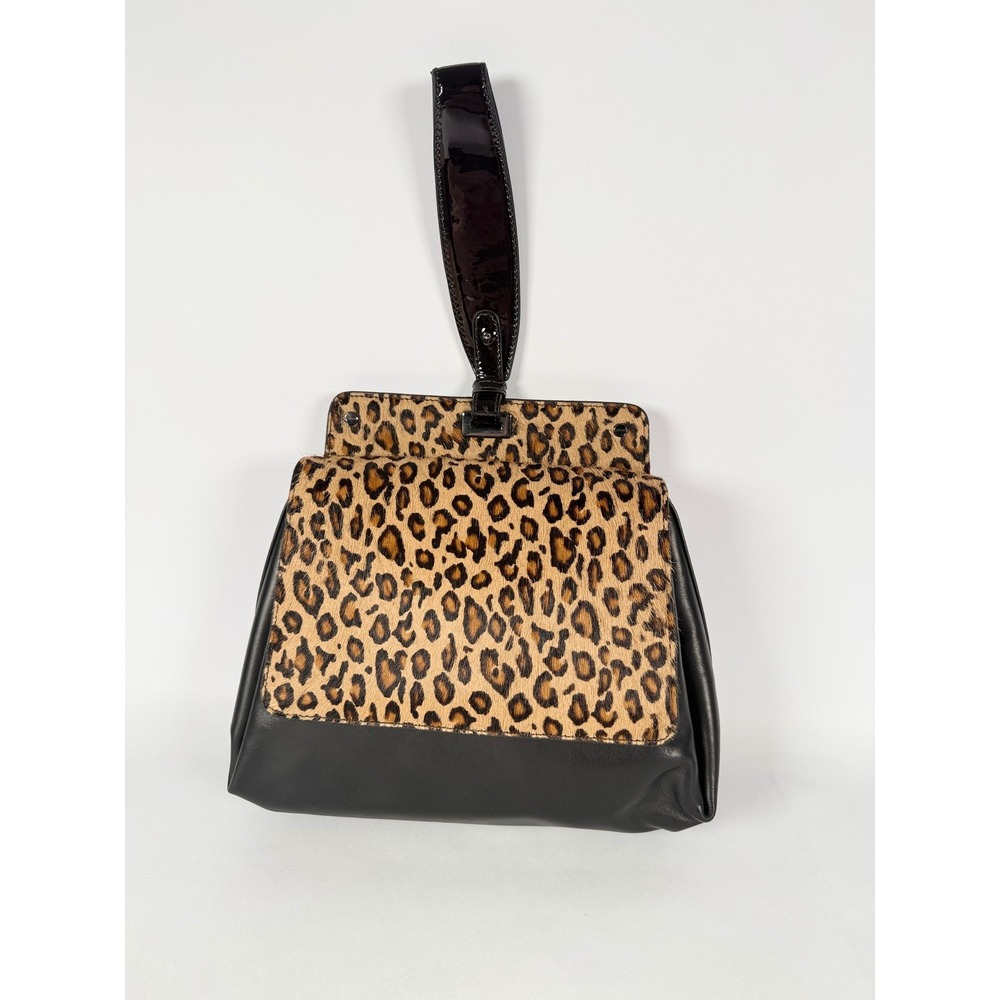 Worth Black Leather Leopard Calf Hair Top Handle Crossbody Bag Handbag